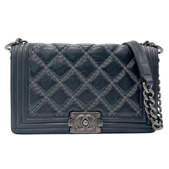 Auth CHANEL Boy Bag Chain Shoulder Bag Silver Black Leather/Metal - z2803 - Picture 1 of 13